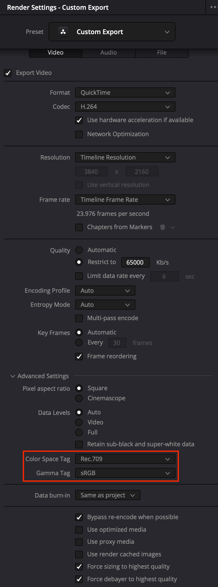 Deliver page render settings with Color Space Tag set to Rec.709 and Gamma Tag set to sRGB (the 1-13-1 configuration)